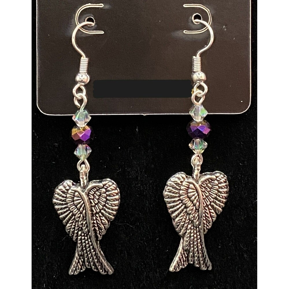Handmade Angel Wings Oilslick Purple & AB Crystal Bead Earrings by Neanie-Bot